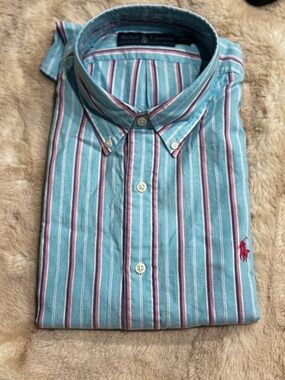 Large Ralph Lauren Men’s Aqua Striped Button-Down Shirt with Pink Accents